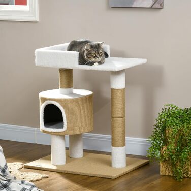 Дерев'яний кігтеточка PawHut для котів з будиночком, лежаком та кріпленням з джуту, до 8 кг, коричнево-білий, імітація кашеміру