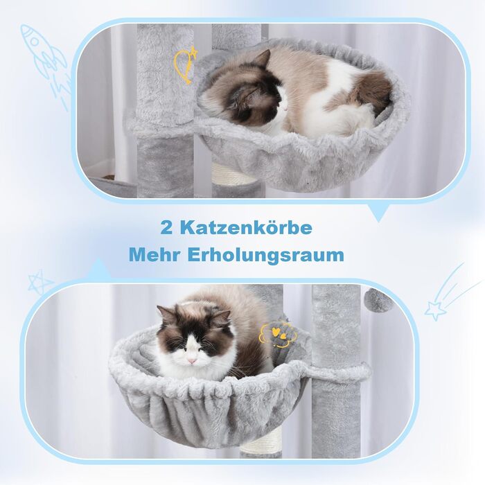 Котячий будиночок Hey-brother Kratzbaum для великих котів та Мейн-кунів, багатоярусний, стабільний, з 2 платформами, 2 будиночками, великою печерею, гребінкою, сірий EMPJ070W