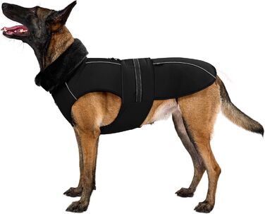 Водонепроникний собачий одяг OneTigris STORMWALL для великих собак, чорний, з флісовою підкладкою та регульованою довжиною, з відбиваючими елементами та коміром з хутра, для прогулянок на природі, розмір L (27-41 кг)