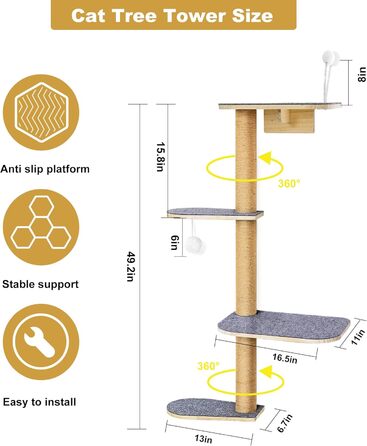 Кліматична стіна для котів Kratzbaum 125 см: 4 яруси, натуральне дерево, міцний фетр, для лазіння, дряпання та ігор