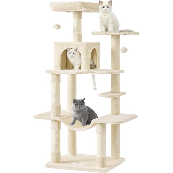 Кігтеточка для котів MSmask велика, багатоярусна, з гамаком та будиночками (150 см, бежева)