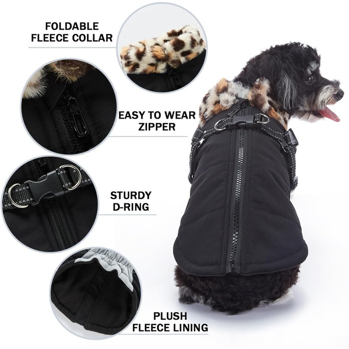 Зимова куртка для собак з інтегрованим шлейкою, водо- та вітронепроникна, теплий одяг для цуценят та собак середніх розмірів для активного відпочинку (ЧОРНИЙ, XXL)