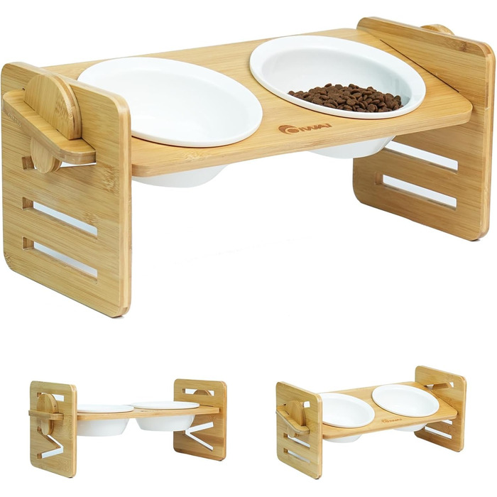 Підставка для корму для собак та котів, регульована висота, керамічна миска з бамбуковим підставкою, нахилена платформа для котів та маленьких собак (40*16)