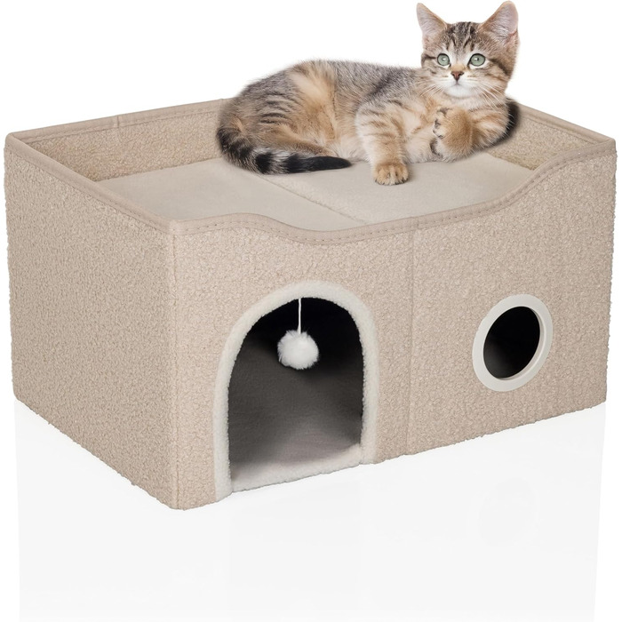 Кігтечка-будиночок для котів PAWY з подушкою, бежева, 40x40x44 см