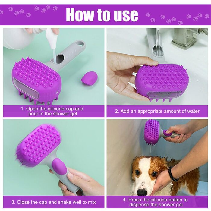 Щітка для миття собак 2-в-1 з дозатором миючого засобу 200мл, двостороння масажна щітка для котів, собак, кроликів та пухнастих тварин, фіолетова