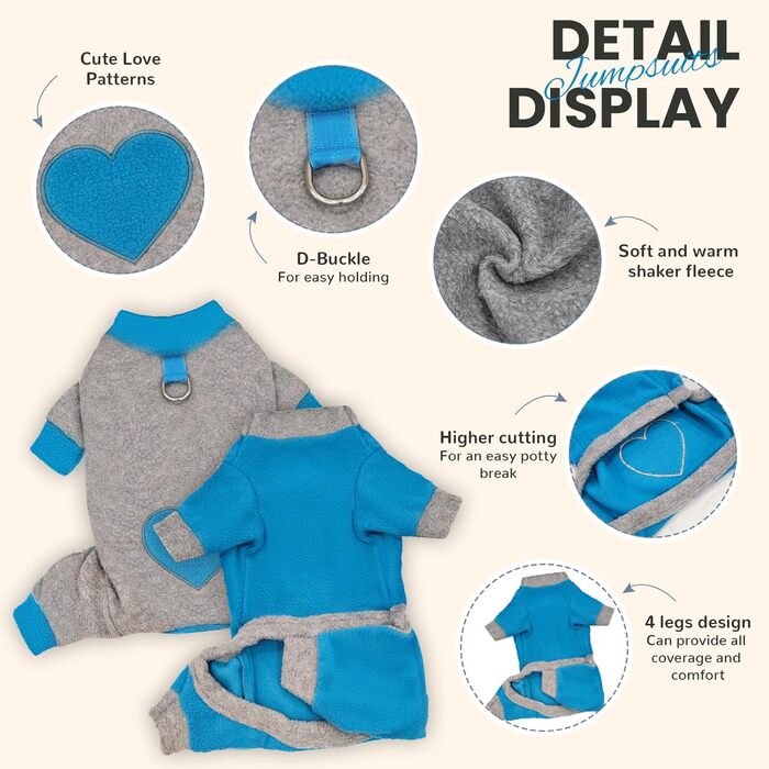 Піжама для собак маленьких порід, фліс, теплий пуловер для собак, комплект 2 шт. X-Small (довжина спини 22 см), блакитний