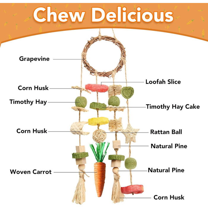 Іграшка для гризунів Jorewood: підвісна іграшка для гризання з ласощами, клітка для кроликів, підходить для кроликів, шиншил, хом'яків, щурів та інших дрібних домашніх тварин. Велика іграшка для стачиння зубів.