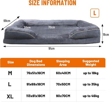Ортопедичне ліжко для собак, корзина для собак, м'яка підстилка, диван для собак, подушка для собак, корзинка для собак з високим бортиком, знімний та пральний чохол, 91 x 69 x 18 см, неслизьке дно