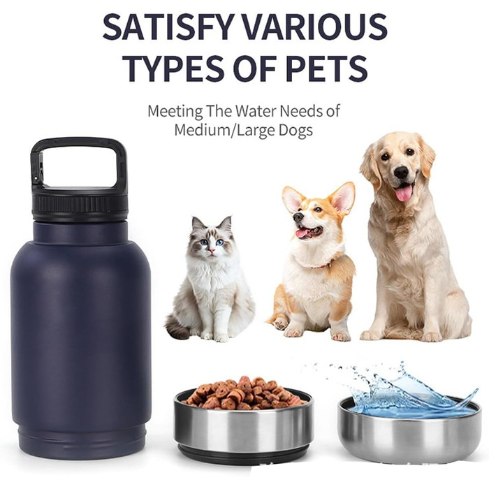 Портативна пляшка для собак з мисками для їжі та води, 3-в-1. Ізольована пляшка з нержавіючої сталі для подорожей, прогулянок, походів (глибока). Темно-синій колір.