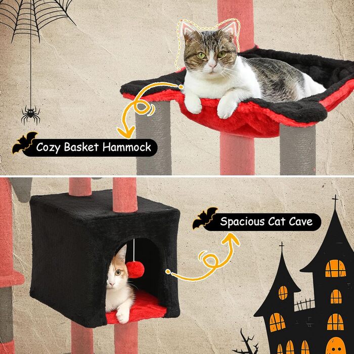 Драбинка для котів BYBYME у готичному стилі на Halloween, 168 см, стійкий комплект котячих меблів з ліжком, будиночком, гамаком та стовпчиками для шліфування кігтів (чорно-червоний), підлоговий