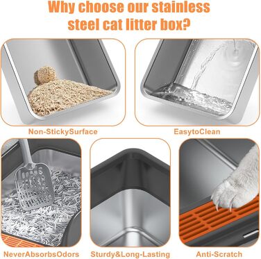 Кігтеточка-лоток для котів Euakee з нержавіючої сталі з кришкою, XL, великий, для великих котів, з високими бортиками, з лопаткою та педалем, антипригарне покриття, захист від протікання, легко чистити
