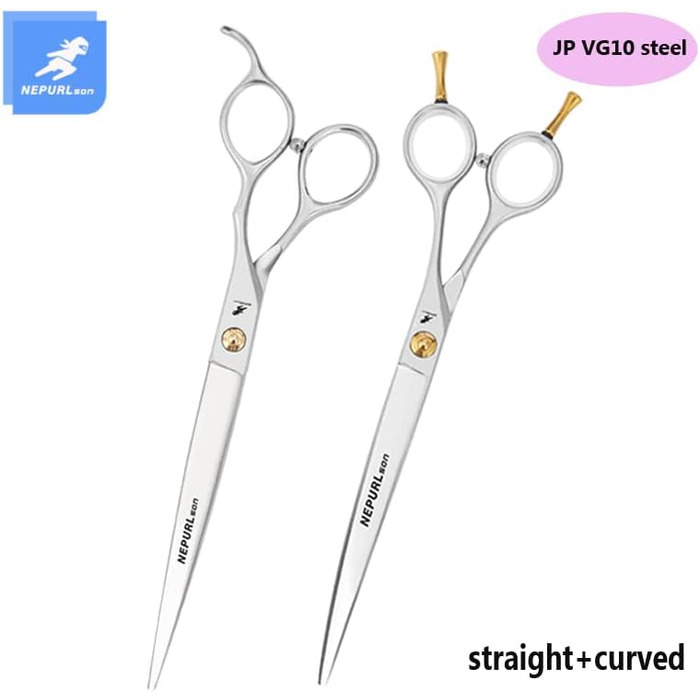 Професійний набір ножиць для грумінгу домашніх тварин 19,1 см, для собак, прямі та зігнуті ножиці, сталь VG10