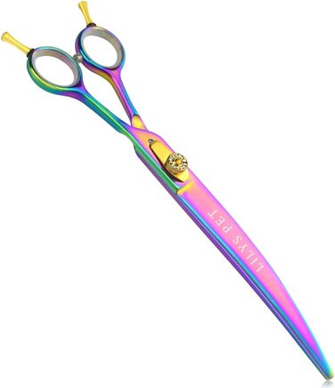 LILYS PET професійні двосторонні вигнуті ножиці для грумінгу тварин, 20,3 см, японська сталь 440C, райдужне покриття, золота гвинтова фіксація