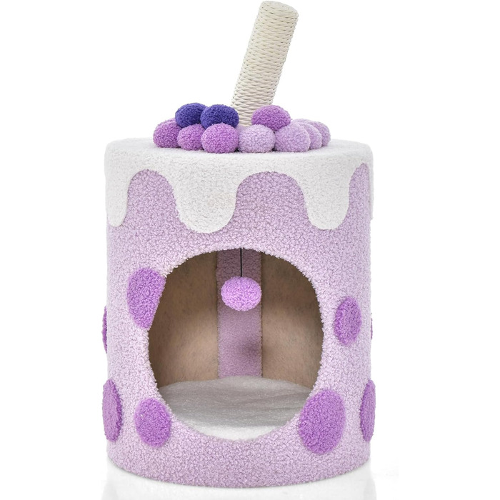 Кігтеточка GYMAX для котів, будиночок-кігтеточка, кігтеточний комплекс з будиночком, іграшками, 37x37x67 см (фіолетовий)