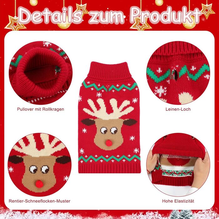 Теплий пуловер для собак Hylyun на Різдво: олень, сніжинка, з повідком, ростовки від S до 3XL