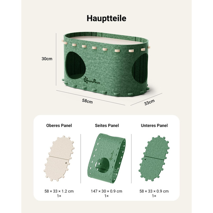 Кігтеточка-будиночок для котів DownyPaws з фетру, 2-ярусна, 50x33x50 см, зелена