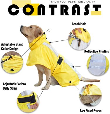 Дощовик для собак, водонепроникний, світловідбиваючий, регульований, дихаючий, з отвором для шлейки, для малих, середніх та великих собак (Жовтий та Білий, розмір XXXL)