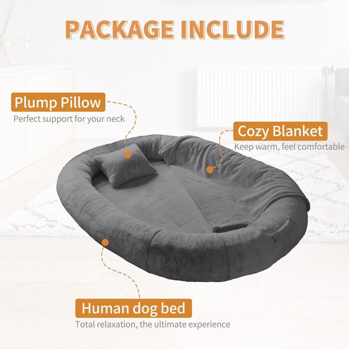 Крісло-мішок для собак та людей NESTROAD, 180x114x35 см, сірий, з штучним хутром, подушкою та ковдрою