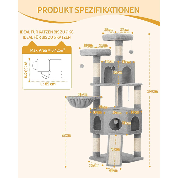 Кігтеточка для котів Hzuaneri, 174 см, XL, 2 платформи, 2 печери, 4 стовпчики, дошка для шліфування кігтів, мотузка з сизалю, плюшеві кульки, сірий колір, для кількох котів MS17418LG