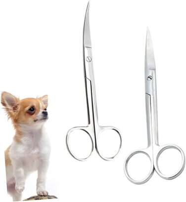 Набір з 2 ножиць для грумінгу тварин з нержавіючої сталі з прямим та вигнутим лезом, ергономічні ручки, для салону або дому