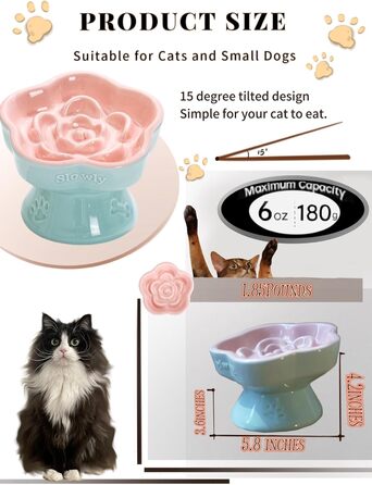 Миска для повільного годування домашніх тварин, керамічна, нахилена, для котів та маленьких собак, рожева