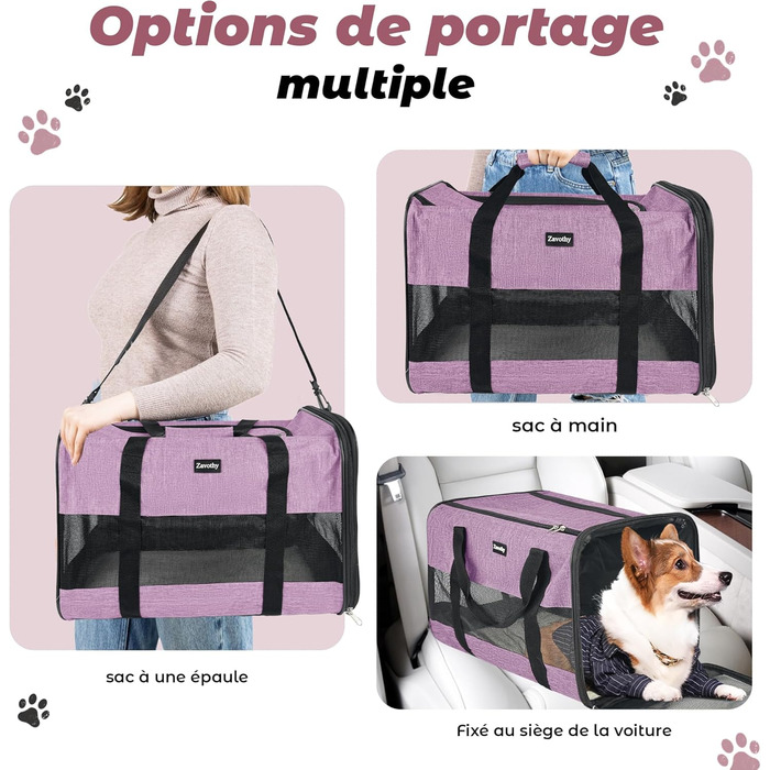 Транспортна сумка для котів та собак Zavothy, дихаюча, складна, з регульованим плечовим ременем, знімний плюшевий килимок (фіолетовий, L)
