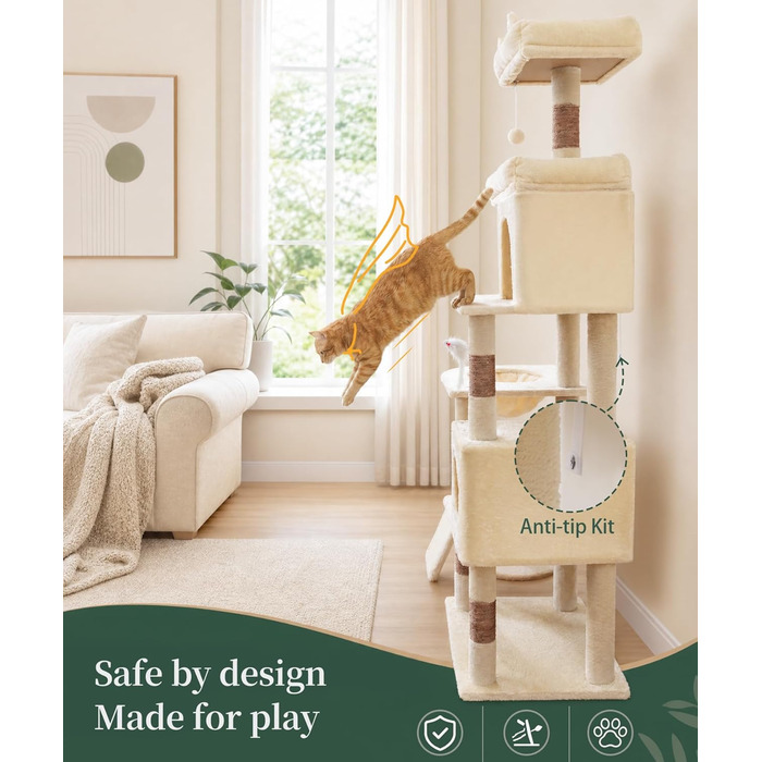 Комплекс для котів Kratzbaum XL 173 см бежевий: Дряпка, будиночок, платформа, кошик, сизаль