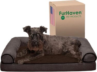 Собаче ліжко Furhaven середнє з ортопедичною піною, шеніл і шерпа, диван, знімний і праний чохол, коричневе
