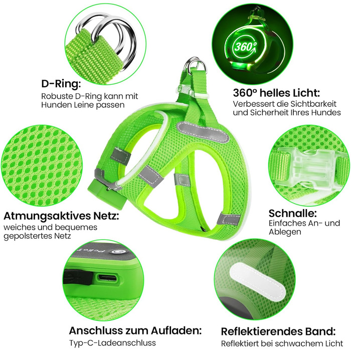 Світловідбиваючий нашийник для собак PcEoTllar з LED підсвічуванням (3 режими), зелений, для маленьких та середніх собак