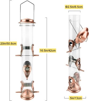 Металева годівниця для птахів з підвісним тросом, 6 відділень, для насіння, антична мідь
