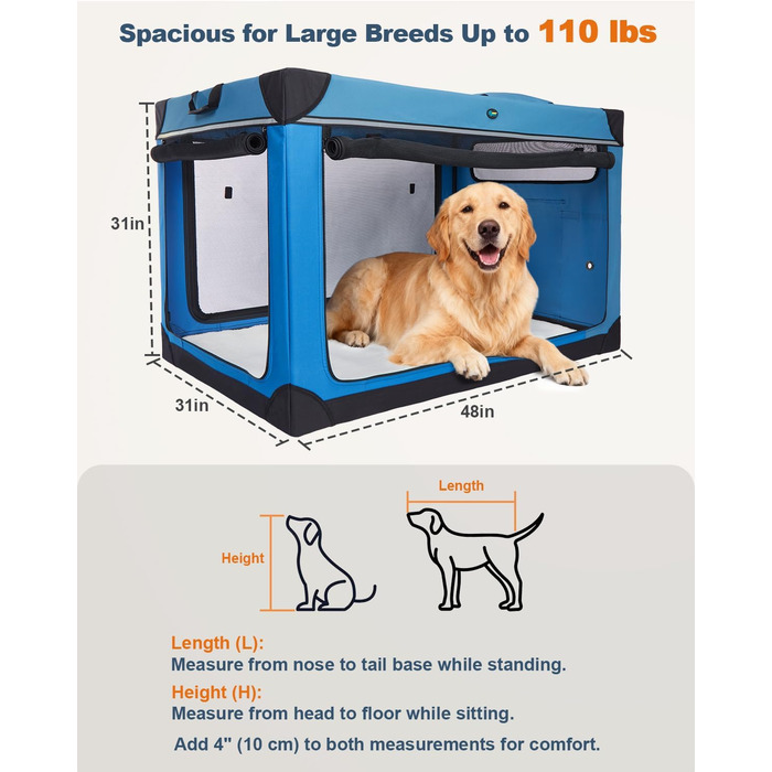 Складаний переносний вольєр для собак Ownpets XXL (122 см), блакитно-чорний, з м'якою підстилкою та міцними сітчастими вікнами