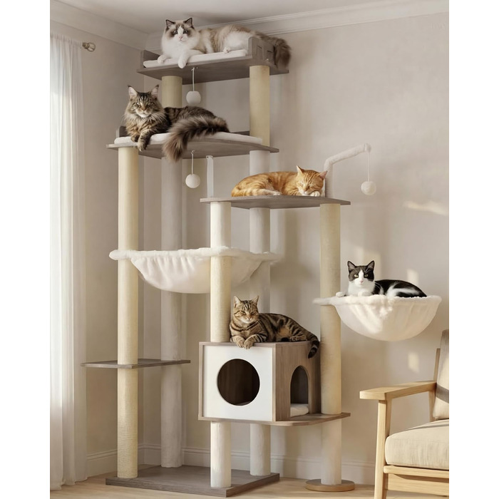 Дерев'яний когтеточка Heybly Kratzbaum 179 см з будиночком та гамаком, HCT121WB (Вінтаж-Сірий)