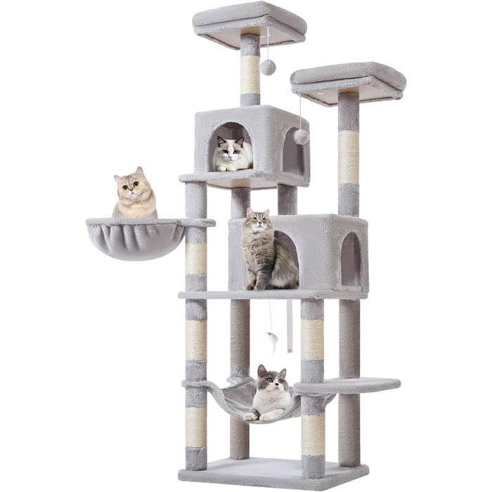 Дерево для котів Taoqimiao 170 см, велике, з будиночками, гамаком, корзиною, 8 стовпчиками для шліфування, 2 платформами, сірий MS013W