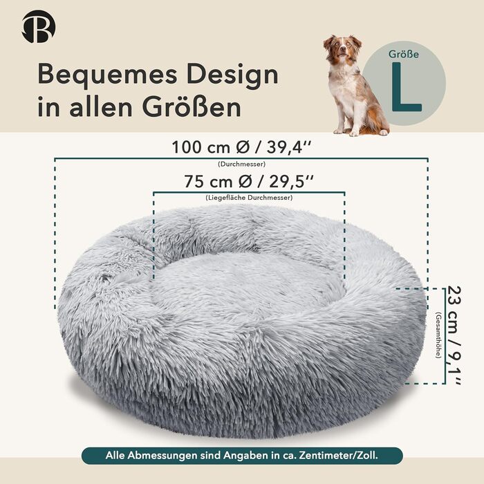 Ортопедичне ліжко для собак великих порід, 100 см, Donut, Memory Foam, м'яке, плюшеве, штучне хутро, сірий колір