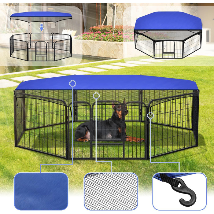 Клітка для цуценят Yakimz 8-частинна, вигульна клітка для цуценят висотою 60 см з дверцятами та захисним тентом, гнучка та складана клітка для собак, загородження для цуценят, собак, кроликів та інших дрібних тварин, 8 шт. - 80x60 см