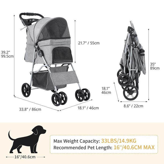 Візок для собак та котів DWVO, сірий, до 15 кг, складання, з підстаканником та кошиком для зберігання