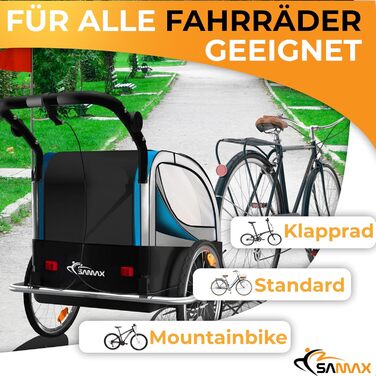 SAMAX Fahrradanhänger Jogger 2in1: Дитячий велопричіп-коляска 2в1 для 2 дітей, повне зчеплення, поворот на 360° (Блакитний - Срібляста рама)