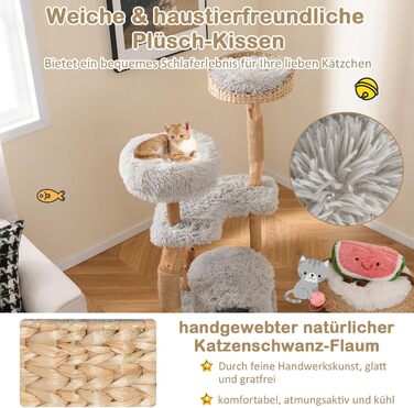 Дерев'яний кігтеточка для котів COSTWAY 124 см з будиночком, м'яким сидінням та платформою, кігтеточний стовпчик з джуту, кігтеточка-вежа для котів, масивне дерево, сірий колір, 3 стовпчики