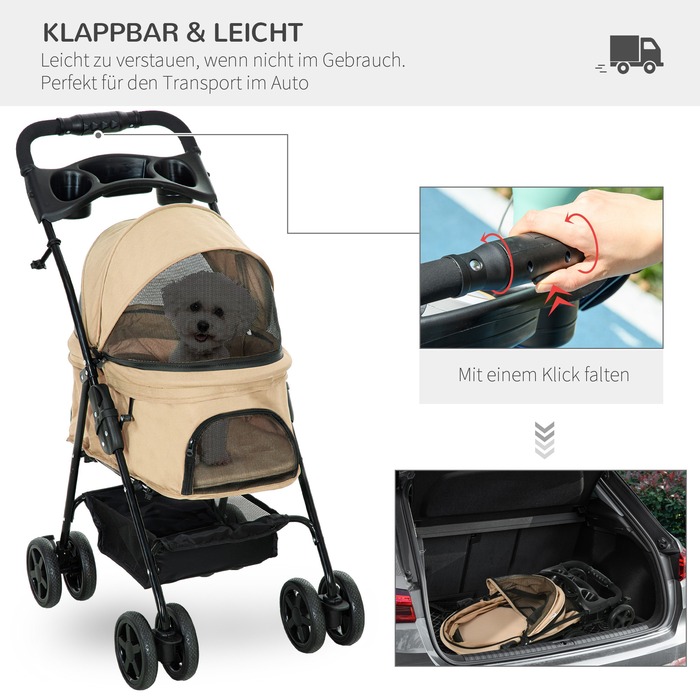 PawHut Dog Cart Dog Buggy Folding Function Коляска для маленьких собак Кішки Візок для домашніх тварин Oxford Khaki 67x45x96см