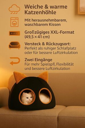 Котяча хатинка XXL 49,5×49,5×41 см – м'який і теплий будиночок для котів з праним матрасом, ідеальне місце для відпочинку, котяче наметове укриття для дому