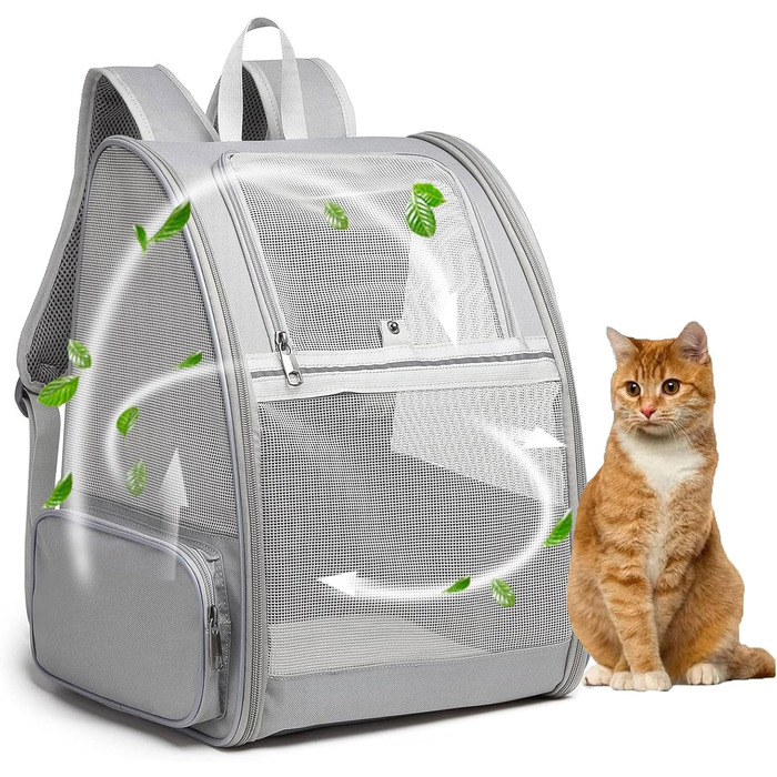 Рюкзак для кота/собаки Hykiee, переноска для тварин до 8 кг, дихаючий, з вікном та строєм, сірий