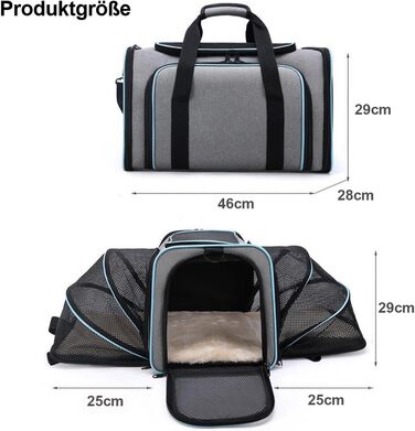 Транспортна переноска для котів та собак, велика, 46x28x29 см, розширювана, сіра. Підходить для котів, собак, цуценят, авіаперевезень.