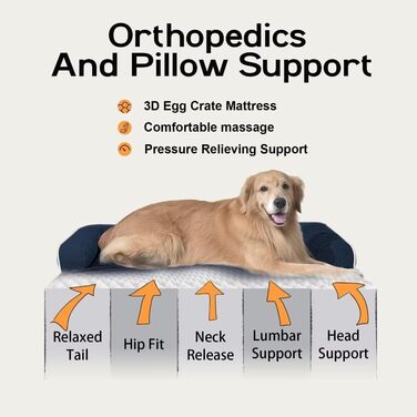 Велике ортопедичне собаче ліжко з водонепроникним покриттям – знімний чохол, Memory Foam – підтримка шиї, диван-ліжко для великих собак – XXL, блакитний колір, 114 x 89 x 20 см