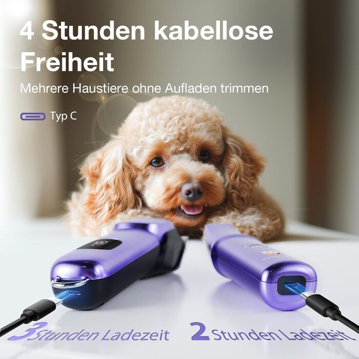 Набір для стрижки собак 3 в 1: машинка, тример для лап, для густого шерсті, тиха робота, фіолетовий