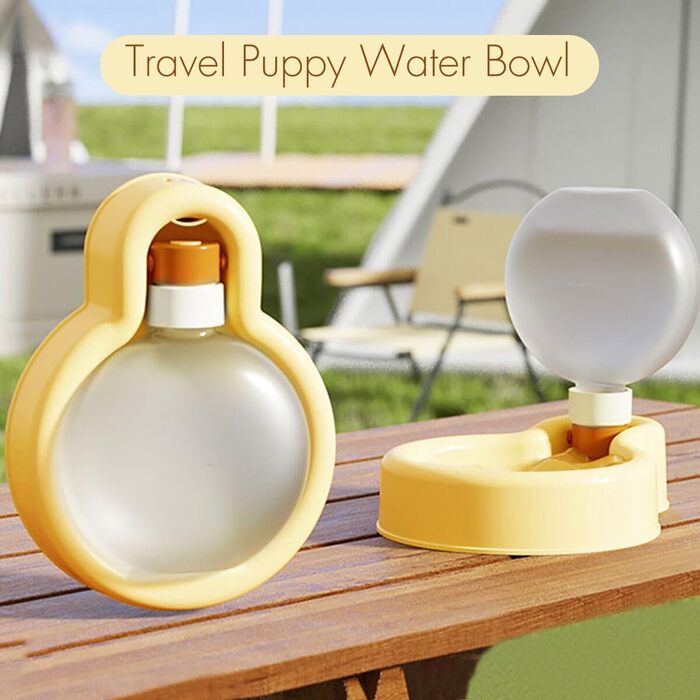 Водяна пляшка для собак Aimondow, подорожна миска для води для цуценят, портативна пляшка для води для домашніх тварин, витокозахисний диспенсер для води з годівницею для цуценят для прогулянок, походів, подорожей (340 мл) (жовтий, 16.9oz)