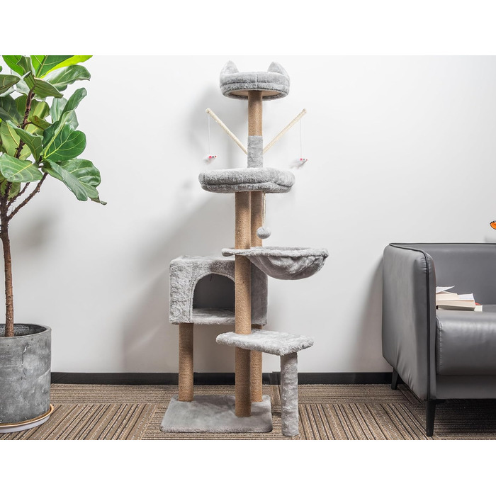 Кліматичний комплекс для котів Kratzbaum, 145 см: кігтеточка, ігровий центр, ліжечко, печера, платформи, сіза колона, для кошенят та котів