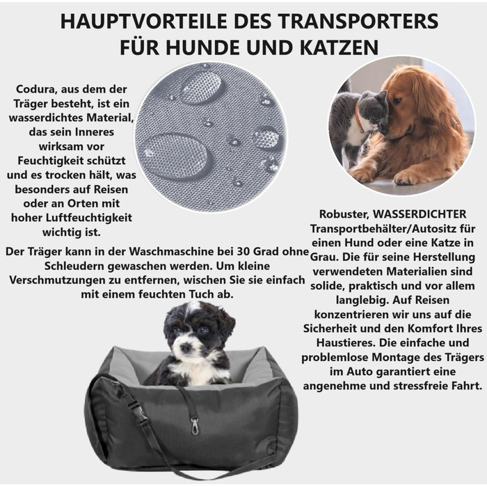 KING DOG Автокрісло для собак до 8 кг. Транспортна переноска для автомобіля з кріпленням на ремінь безпеки та м'яким килимком. Складається, легко миється. Підходить для SUV та легкових автомобілів (55 x 55 см, чорно-сірий)