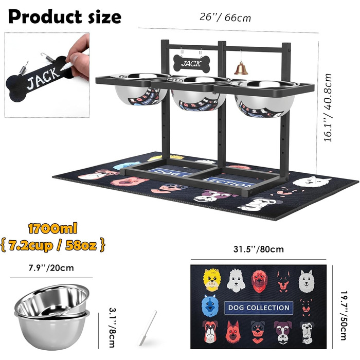 Підвищені годівниці для собак з повільним годуванням, 5 регульованих висот, неслизький, міцний металевий каркас, непромокальний килимок, стійкі до іржі миски, легко миються, висота: 42 см