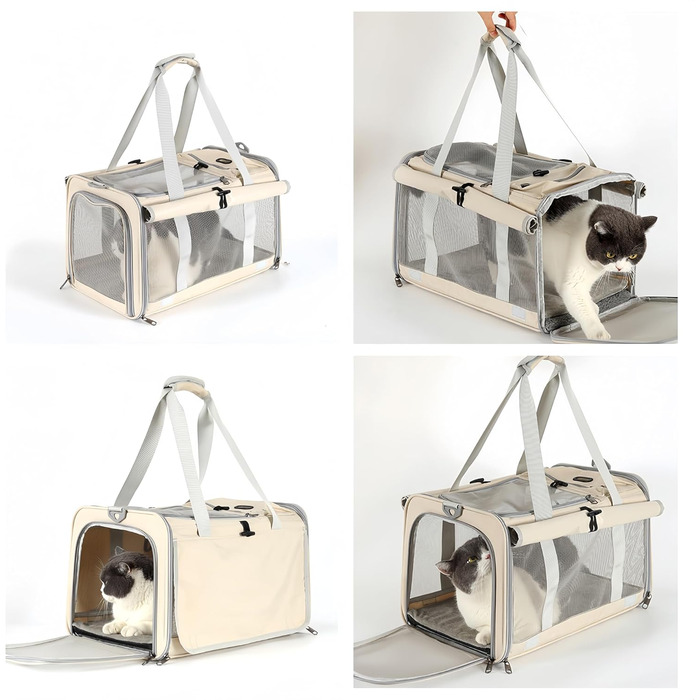 Велика переносна сумка для котів, собак, цуценят до 8 кг, з безпечними замками та регульованим плечовим ременем. Дихаюча, складана сумка-переноска для подорожей, до ветеринара, в авто та літак (Бежевий)