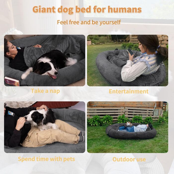 Крісло-мішок для собак та людей NESTROAD, 180x114x35 см, сірий, з штучним хутром, подушкою та ковдрою